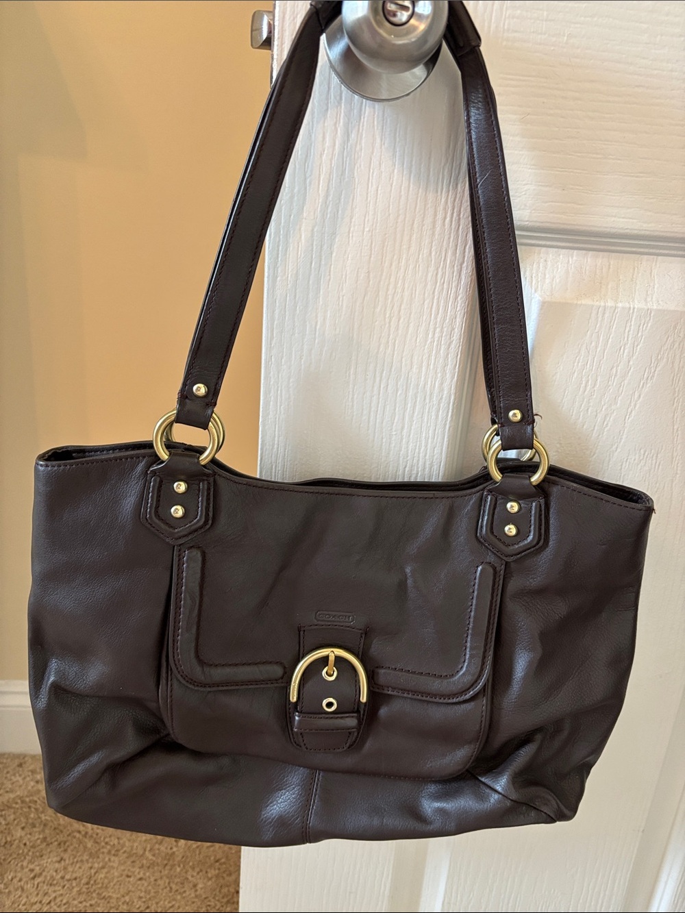 Coach Dark Brown Leather Handbag with Gold Hardware